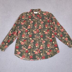 Lemon Grass Floral Corduroy Button Up Shirt Womans Large Long Sleeve Cottagecore